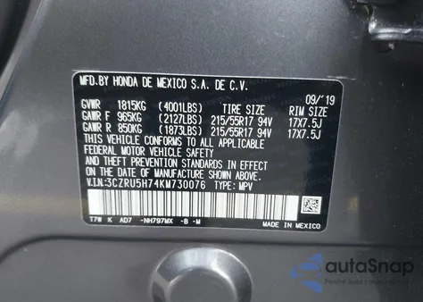 2019 Honda Hr-V Ex-L z USA, uszkodzony, nr VIN 3CZRU5H74KM730076